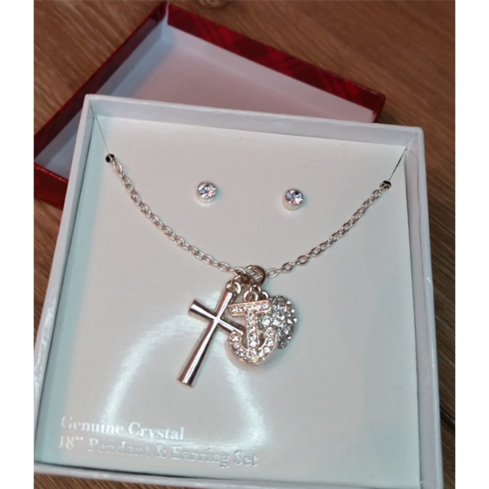 SILVER tone chain crystal charm cross heart anchor necklace and earrings set.